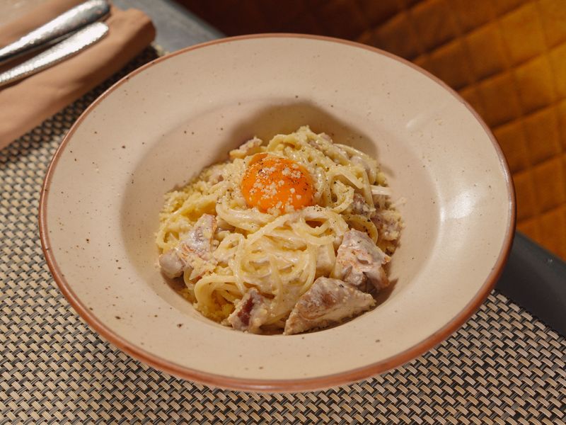 Pasta Carbonara with pancetta and egg sauce